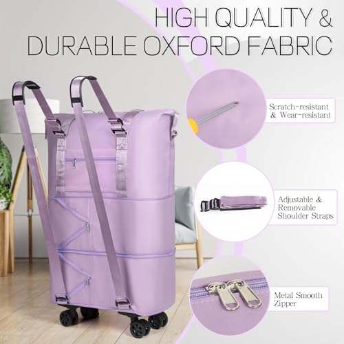 VOOWO Duffel Bag with Wheels - Rolling Foldable Expandable Duffle Bag with Wheels for Travel, Rolling Luggage Bag Carry On Travel Bag with Wheels, Large Wheeled Overnight Weekender Bag (Light Purple) - color: Light Purple