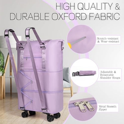 VOOWO Duffel Bag with Wheels - Rolling Foldable Expandable Duffle Bag with Wheels for Travel, Rolling Luggage Bag Carry On Travel Bag with Wheels, Large Wheeled Overnight Weekender Bag (Light Purple) - color: Light Purple