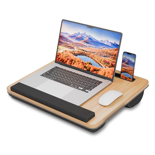 HETTHI Portable Lap Desk, Laptop Stand for Bed with Soft Wrist Rest, Tablet/Phone Slot, Fabric Handle, Laptop Bed Desk with Cushion (Light Brown) - color: Light Brown, size: Medium 15.55×12.79inch