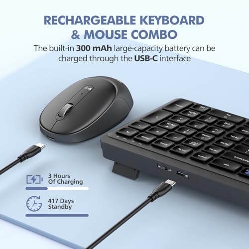 Wireless Keyboard and Mouse Combo for Desktop Mac iPad Bluetooth 2.4 Ghz Rechargeable Silent Click with Number Pad Black Compatible with Pc, Laptop, Tablet (Black) - color: Black