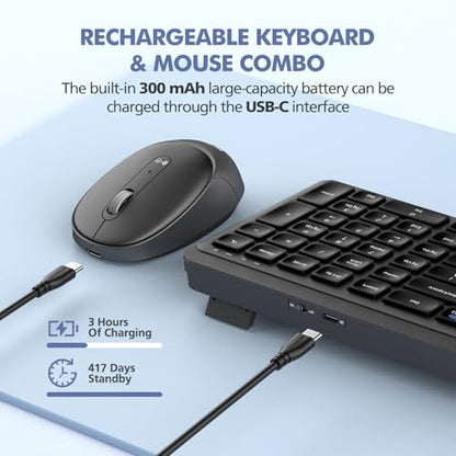 Wireless Keyboard and Mouse Combo for Desktop Mac iPad Bluetooth 2.4 Ghz Rechargeable Silent Click with Number Pad Black Compatible with Pc, Laptop, Tablet (Black) - color: Black