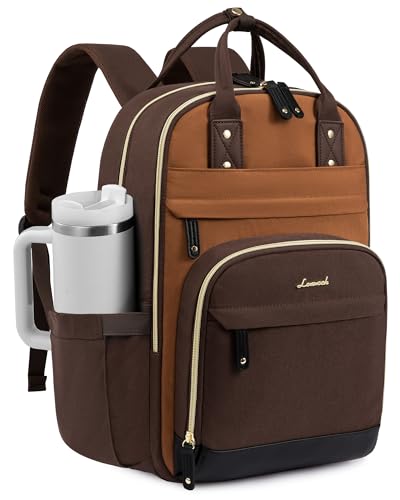 LOVEVOOK Laptop Backpack Women with Tumbler Holder,17.3 inch Work Travel Backpack Computer Laptop Bag,Cute College Nurse Teacher Backpack Purse,Gifts for Women & Men,Brown-Yellowish-brown-Coffee brown - color: Brown-yellowish-brown-coffee Brown, size: 17-