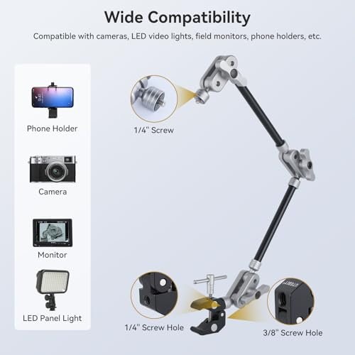 UTEBIT 22" Magic Arm w Clamp Mount, Desk Camera Mount Articulating Friction Boom w Arm 1/4" Thread Adapter, Overhead Desk Phone Mount for Video Light Webcam Microphone Action Camera Content Creators - size: 22 inch