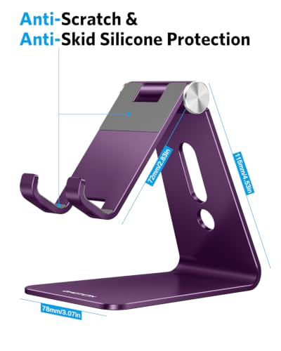 OMOTON C2 Adjustable Cell Phone Stand with Charging Cutout, Deep Purple | Sturdy 3mm Aluminum, Charging Port, 270° Adjustable, Non-Slip Silicone Pads, Works with Thick Cases, for All Smartphones - color: Deep Purple
