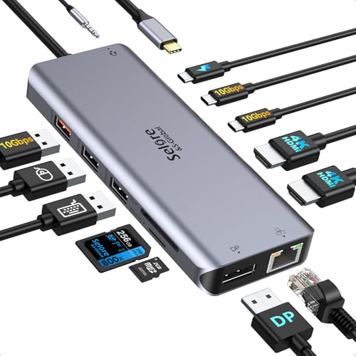 Selore USB C Docking Station Dual Monitor 13 in 1 USB-C Multiport Adapter | 2HDMI + DisplayPort, 100W PD, USB 3.0, SD/microSD, Gigabit Ethernet, 3.5mm audio, for Dell HP XPS Surface - color: Silver Gray