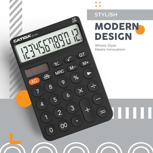 CATIGA 12 Digit Desktop Calculator with Large LCD Display, 4 Funtions Calculator, Round Design Big Button, Solar and Battery Dual Power, Standard Function for Office, Home, School, SD-1292 - color: 2.1) Black