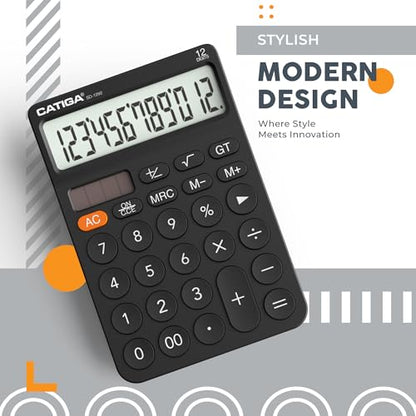 CATIGA 12 Digit Desktop Calculator with Large LCD Display, 4 Funtions Calculator, Round Design Big Button, Solar and Battery Dual Power, Standard Function for Office, Home, School, SD-1292 - color: 2.1) Black