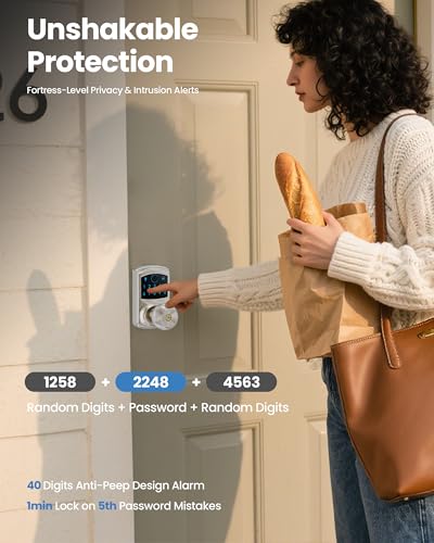 Smart Fingerprint Keyless Entry Door Knob Keypad Electronic Biometric Lock | 20 User Codes 50 Fingerprints Vacation & Passage Mode One-Time Code 2 Keys Auto-lock 2-99s Anti-peep Fits U.S. Standard Door - size: HL-669FK Satin Nickel