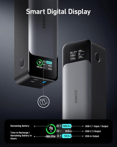Anker 737 Power Bank, 140W 24,000mAh 3-Port Laptop Charger, Smart Display | Fast Multi-Device Charging, for iPhone 16 / 15 / 14 Series, Vision Pro, Samsung, MacBook, and More