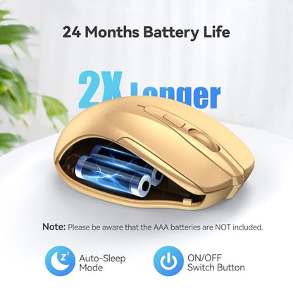 TECKNET Wireless Mouse, 2.4G Ergonomic Computer Mouse, 2600 DPI, Gold | Ergonomic Design with Side Grips, Adjustable DPI, 2-Year Battery, Compact Size, USB-A Plug & Play, Wide OS Compatibility - color: Gold
