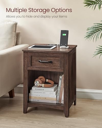 VASAGLE LIRY Collection - Farmhouse Nightstands with Charging Station, Set of 2 Bedside Tables, Side Tables with Drawer, Open Compartment, for Bedroom, Maroon Brown ULET959K51 - color: Maroon Brown, size: 2 PACK, style: 17.7"W x 23.6"H With 1 Drawer