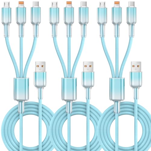 Multi Charging Cable, 3 in 1 Chargers for Multiple Devices, 48 Braid Universal Charger Cord with USB-C/IP/Micro, Multi Charger Cable for iPhone17-11/ Android / Pad (3Pack 4FT),Travel/Car/Cruise/Beach - color: Light Blue, size: 4FT 3Pack