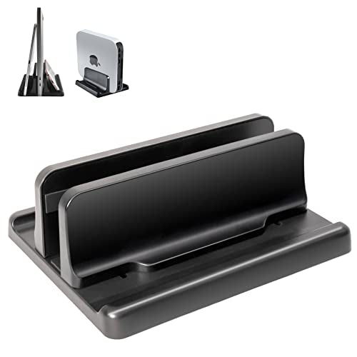 Vertical Laptop Stand [New Version: Two More Rubber Pads & Hex Key Storable Design] ABS Plastic Adjustable Dock up to 15 inch PC Desk Space Saver for MacBook/Surface/iPad/Mini PC (Black) - color: Black