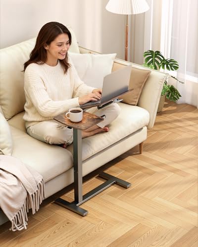 Sakugi Overbed Bedside Table with Wheels, Height Adjustable Laptop Desk, Hospital Bed Table with Right-Side Tilt Top, Rolling Bed Tray for Home & Office,12.9" D × 27.6" W × 29.1"–39" H, Brown - color: Brown