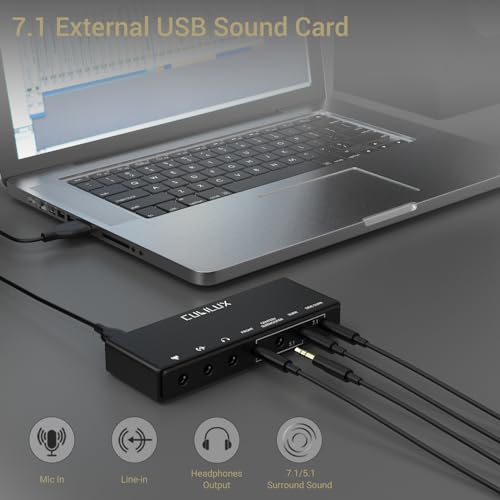 7.1 USB Surround Sound Card- 48KHz-384KHz Sample Rate for Headphones, Full Aluminum Alloy USB A External Sound Card for Laptop PC-Supports Line-in & Stereo Mic in