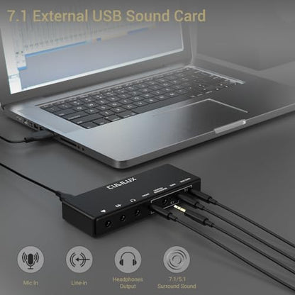 7.1 USB Surround Sound Card- 48KHz-384KHz Sample Rate for Headphones, Full Aluminum Alloy USB A External Sound Card for Laptop PC-Supports Line-in & Stereo Mic in