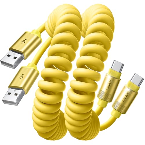 LISEN Coiled USB C Cable, 2 Pack for Android Auto & CarPlay Cable, Short USB A to USB C Cable Compatible with iPhone 17/16/15, Samsung Galaxy S25/S24/S23 A15/A14, Google Pixel 9/8, Yellow 4FT - color: Yellow, size: 4FT