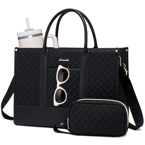 LOVEVOOK Laptop Bags for Women, 17 inch Waterproof Work Tote Bag with Clutch, Professional Teacher Computer Purse Lightweight Shoulder Bag Travel, Quilted Black - color: Black, size: 17 inch