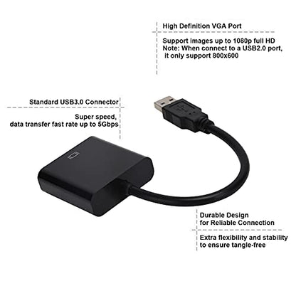 Zopsc USB 3.0 to VGA Adapter Cable, 5Gbps, HD 1080P, 15Pin Female, Multi Display Support, No External Power Supply, for PC, Laptops, Desktops, Black - color: Black