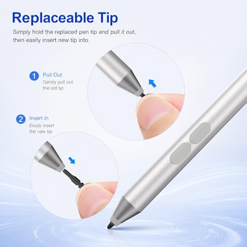 Pen for Surface Pro 11/10/9/8/X, Surface Laptop/Book/Go/Studio, Kobo | Palm Rejection, 1024 Pressure, 2500H Battery Life Active Stylus Pencil for Student Note-Taking & Artist Business Drawing - color: Platinum