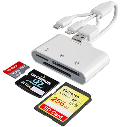SD Card Reader for iPhone with USB-C & Lightning - 3-in-1 SD MicroSD xD-Picture Cards Memory Card Reader, Compatible with iPhone 16/15/14, iPad, MacBook, Android, Camera & PC - color: White