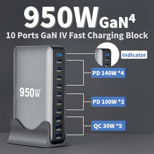 950W USB C Fast Charger Block, 10 Ports GaN IV Pro USB Chagring Station, 140W PD QC HUB for Multiple Devices, Laptop Adapter Compatible with MacBook Pro/Air iPad iPhone Pro Max, Galaxy, Dell, HP - size: 950W-7C3A