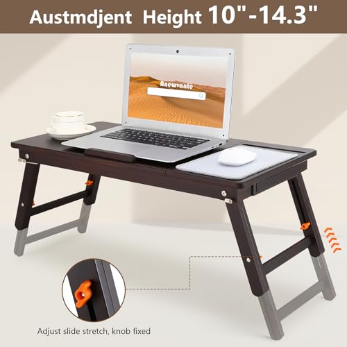 Nnewvante Bamboo Laptop Bed Desk, Adjustable Height & Angle, Black Walnut | With Drawer, Tablet & Phone Slots, Foldable Computer Lap Table, Breakfast Serving Tray for Bed Floor, 27.95" x 13.8" - color: Black Walnut