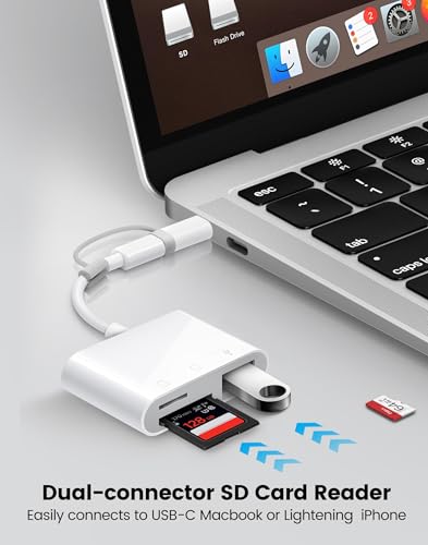 Oyuiasle SD Card Reader for iPhone iPad Trail Camera Viewer 3-in-1 SD Adapter with Dual Slots & USB Port, Memory Card Adapter Dual-connector Design with Lightening&USB-C for Photographers, Plug & Play - size: 3 Slots