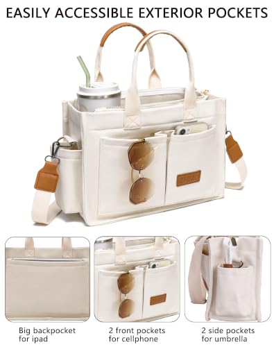 Canvas Tote Bag for Women,Women's Bags Crossbody Bags Work Laptop Tote Bag Large Handbags Purse for Travel Nurse Teacher - color: New Upgrade White With Compartments and Side Cup Holders