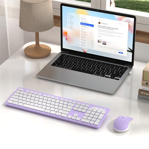 MPTOG Wireless Keyboard and Mouse Combo, Full-Size 104-Key Office Keyboard with 15 Function Keys, Numeric Keypad, Single USB Receiver, Compatible with PC and Laptop(Purple White) - color: Purple White