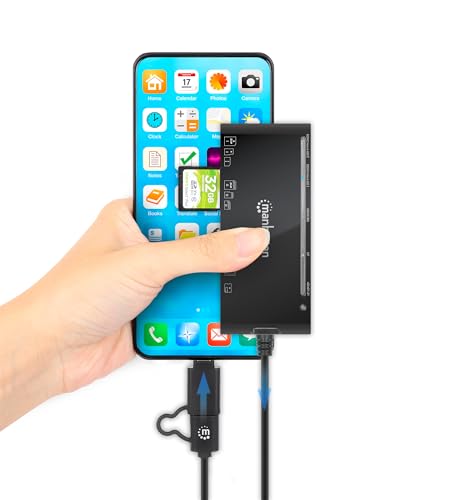 Manhattan 7 in 1 USB C & USB A Combo Multi Card Reader – Long 3 ft Cable – 5Gbps USB 3.0 - SD, TF, CF, Micro SD, XD, MS - Multiple Adapter Hub – 3 Yr Mfg Warranty – 102605 | Seven-slot flash media dock with Type-C and Type-A plugs, SuperSpeed transfers, 3