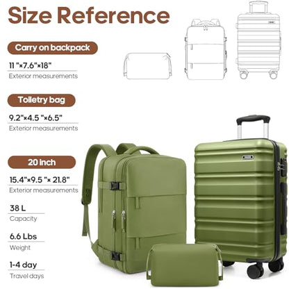 3 Piece Luggage Set, 20 Inch Carry On Luggage 22x14x9 Airline Approved, Hardside Suitcases with Wheels, Suitcase Set with YKK Zipper&TSA Lock, Travel Set - color: Olive Green, size: 3 piece set (20inch)