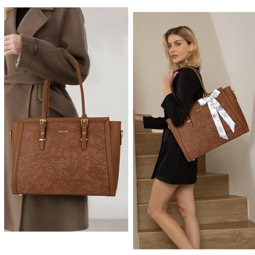 MOSISO Laptop Bag for Women, 15.6-16 inch PU Leather Tote Bag | Compatible with MacBook, HP,Dell,Asus, Front Embossed Retro Hibiscus Computer Bags with Silk Scarf&Clutch Purse, Brown - color: Brown, size: 16 inch
