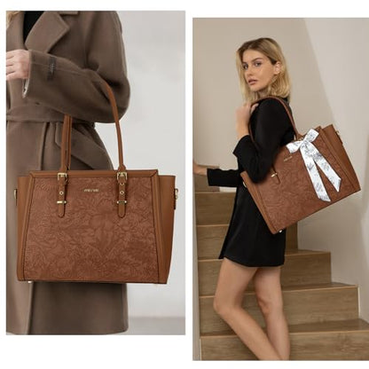 MOSISO Laptop Bag for Women, 17-17.3 inch PU Leather Tote Bag | Compatible with MacBook, HP,Dell, Front Embossed Retro Hibiscus Computer Bags with Silk Scarf&Clutch Purse, Brown - color: Brown, size: 17.3 inch