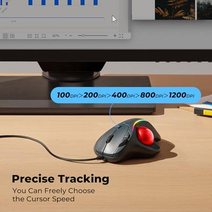 Wired Trackball Mouse with RGB Lighting, Ergonomic Thumb Control to Reduce Muscle Strain, 5 Adjustable DPI, Dual USB-C & USB-A Connectivity, Compatible with PC, Laptop, Mac, Windows-Red - color: D-Red