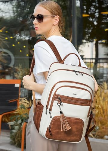 Shrrie 17 Inch Laptop Backpack for Women,Vegan Leather Backpack Purse,28L Work Business College Travel Computer Backpacks with Pouch Pocket for Large Capacity Cup & USB Charger,Beige with Brown - color: Beige With Brown