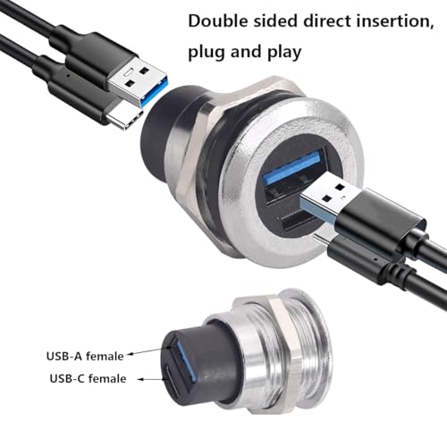 PENGLIN 2PCS Dual USB-C 3.1 & USB 3.0 Female to Female Bulkhead Socket | 10Gbps High Speed Data Transfer, 5V/1A Fast Charging, Panel Mount Thread Adapter, With Waterproof Cap - color: Silver&Black, size: 2PCS