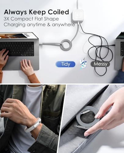 Magnetic USB C to USB C Cable, 240W/5A Coiled Fast Charging USB Type C Charger Cable Braided for iPhone 15/15 Plus/15 Pro/15 Pro Max, MacOS Pro, Pad Pro, Samsung Galaxy S24/S23/S22 Ultra 5FT | Self Winding USB Type C Charger Cable Braided for iPhone 17 16
