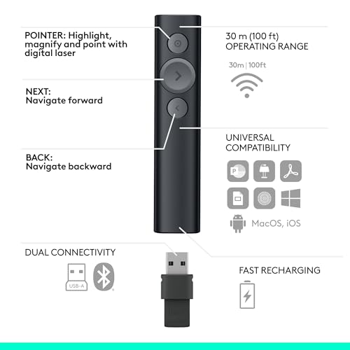 Logitech Spotlight Presentation Remote Universal Wireless - Black | Universal wireless clicker, laser pointer, advanced digital highlighting, 30 m range, quick charging - color: Black