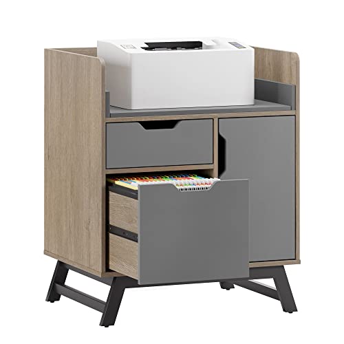 Realspace® Nashira 27"W Printer Stand with Charging Station, Light Oak/Gray