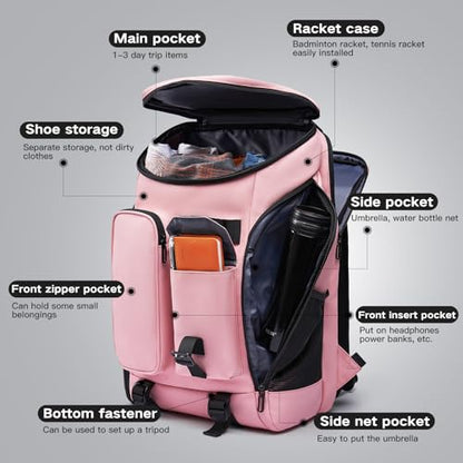 Carry on Travel Backpack for Men Women,30L Multi-Pocket 17.3inch Laptop Backpack, Sports Gym Tennis Badminton Backpack with Shoe Compartment-Pink - color: Pink-30l