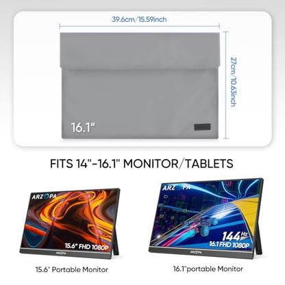 ARZOPA 16.1" Portable Monitor Gray, 100% sRGB FHD 1080P Kickstand & PU Sleeve Bag Combination