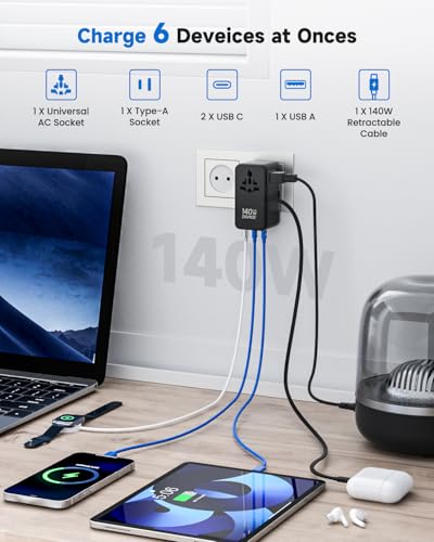 DOACE 140W GaN Universal Travel Adapter with USB-C Cable | 6-in-1 Design, USB-C PD Fast Charging, EU/UK/US/AU Plug Support, Worldwide Compatibility - color: Obsidian Black