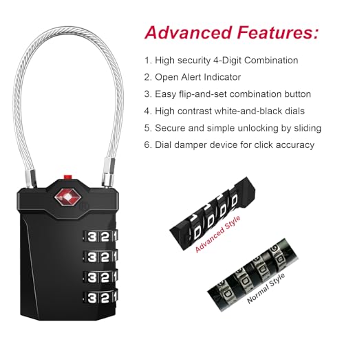 ZHEGE Travel Locks, TSA Approved Locks for Luggage (4 Pack, Black) | 4 Digit Cable Lock with Inspection Indicator for Suitcase, Backpack, Baggage, Easy to Read - color: 4p Black