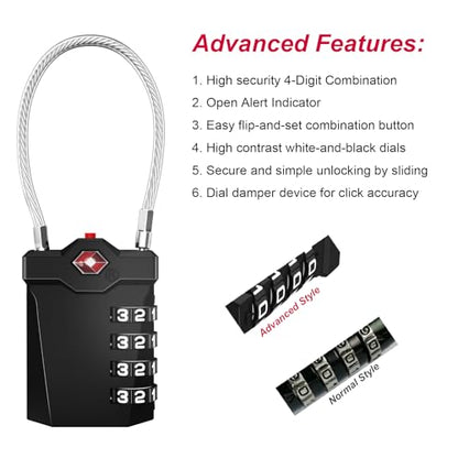 ZHEGE Travel Locks, TSA Approved Locks for Luggage (4 Pack, Black) | 4 Digit Cable Lock with Inspection Indicator for Suitcase, Backpack, Baggage, Easy to Read - color: 4p Black