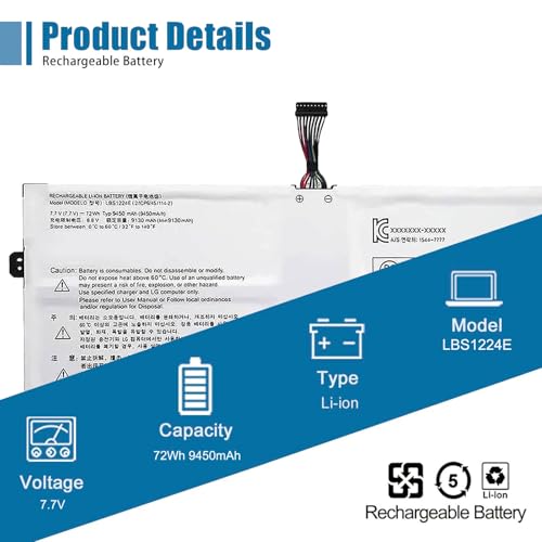 LBS1224E Laptop Battery Compatible with LG Gram 2018 13Z980 14Z980 15Z980 15Z990 Series Notebook LBR1223E 7.7V 72Wh 9450mAh - size: 10.29*3.88*0.24 inch LBS1224E