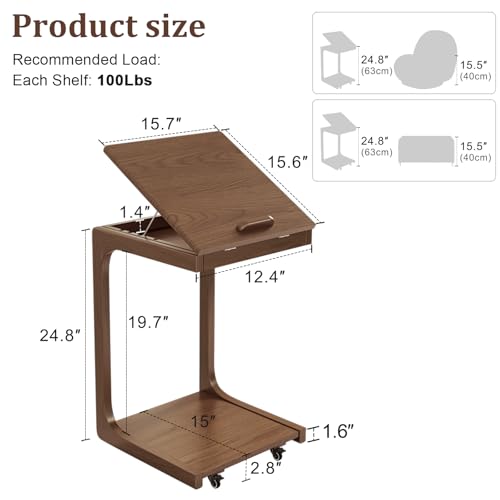 AQIMUELE Wooden C-Shaped End Table,Couch Table with Adjustable Desktop,Small Rolling Side Table with 2 Lockable Wheels,Small End Table for Couch, Living Room,Bedroom (Walnut) - color: Walnut, size: 15.6"D x 15.7"W x 24.8"H, style: Modern 2 Tier