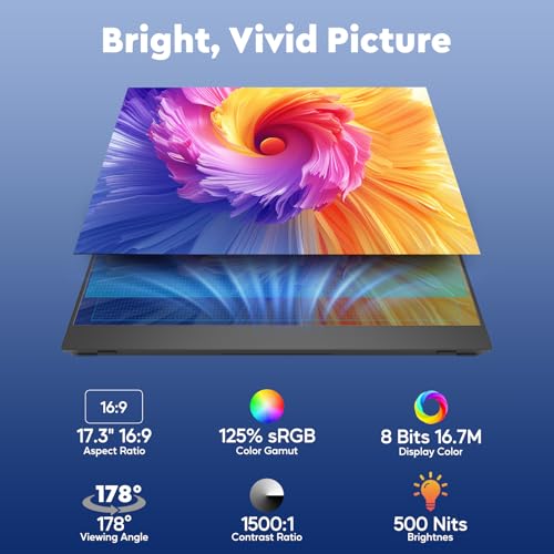 17.3" Wireless Portable Monitor with Built‑in 8000mAh Battery 4H, AirPlay & Miracast, 2.5K QHD 2560x1400 IPS Matte HDR, 125% sRGB, 500 Nits, VESA, Auto Rotation for Phone/Tablet, USB‑C & Mini HDMI - size: 17.3 inch