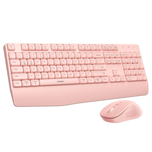 seenda Wireless Bluetooth Ergonomic Keyboard Mouse Combo, Full Size, Pink | USB/Bluetooth multi-device switching, with wrist rest, number pad, and quiet operation for PC, laptop, Mac, MacBook, and iPad - color: Pink