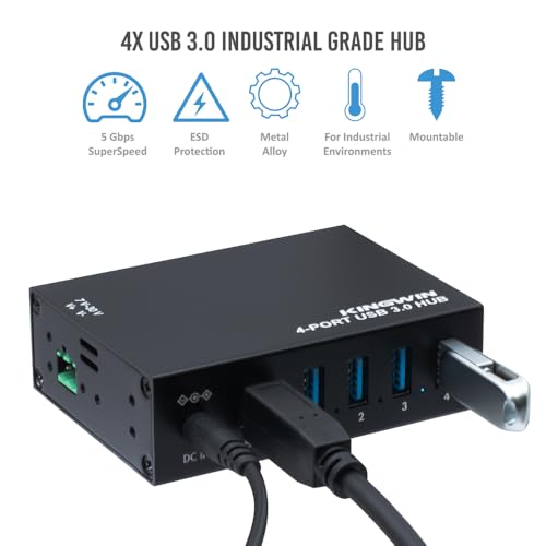 Kingwin USB 3.0 Hub – 4-Port Industrial Metal USB Hub, High-Speed 5Gbps Data, Mountable Design, Heavy-Duty Aluminum Housing, Reliable Expansion for PC, Laptop, Industrial Equipment & Workstations. - size: USB 4-PORT